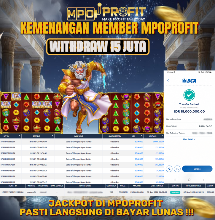 MPOPROFIT JACKPOT PRAGMATIC! KEMENANGAN MURNI DI (GATES OF OLYMPUS SUPER SCATTER TOTAL 15.000.000,- LUNAS)